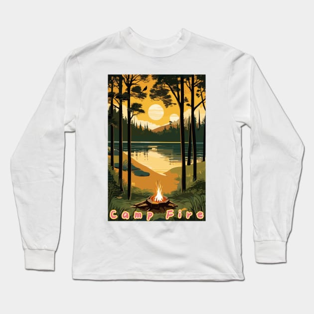 Camp Fire by the Lake Long Sleeve T-Shirt by Popez Biz